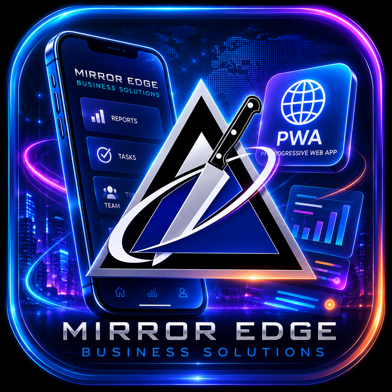 Mirror Edge Business Solutions mobile workflow concept showing a smartphone interface and PWA tools built around the official logo.