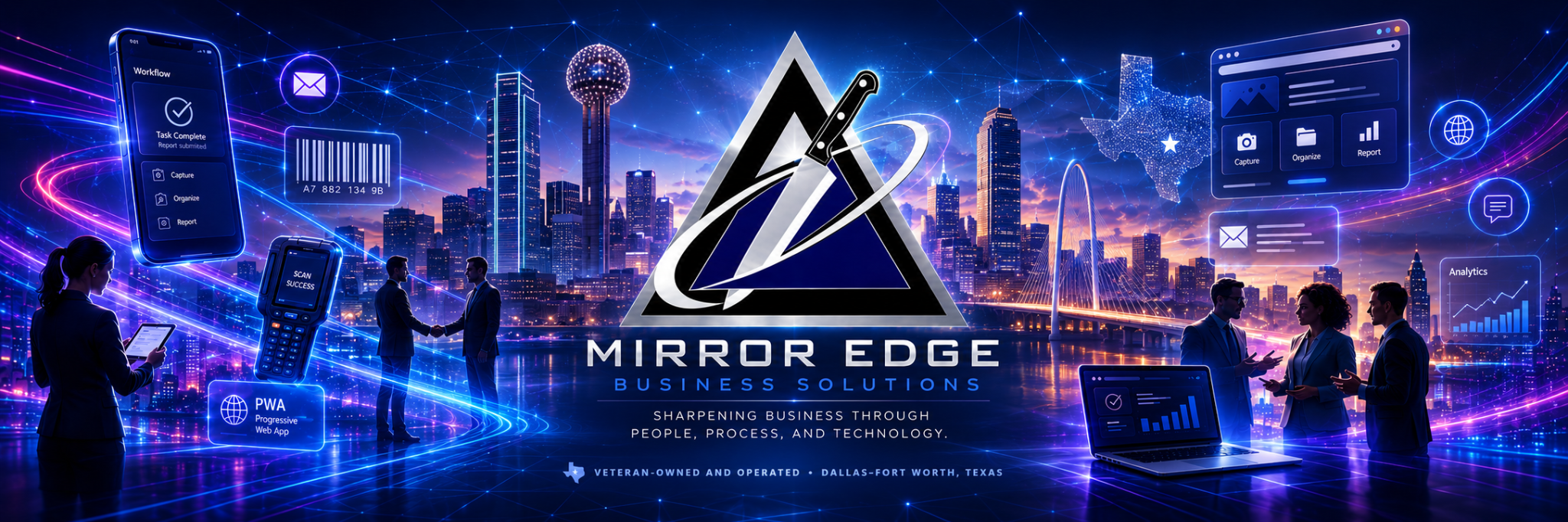Mirror Edge Business Solutions Texas-themed hero artwork featuring the official logo, Dallas skyline, Texas outline, workflow tools, and business technology visuals.